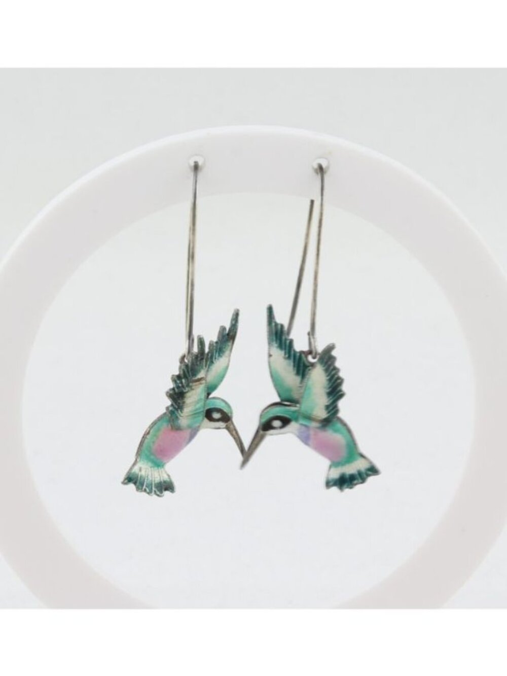 Sterling Silver Chinese Cloisonne Painted Enamel Hummingbird Earrings Dangle